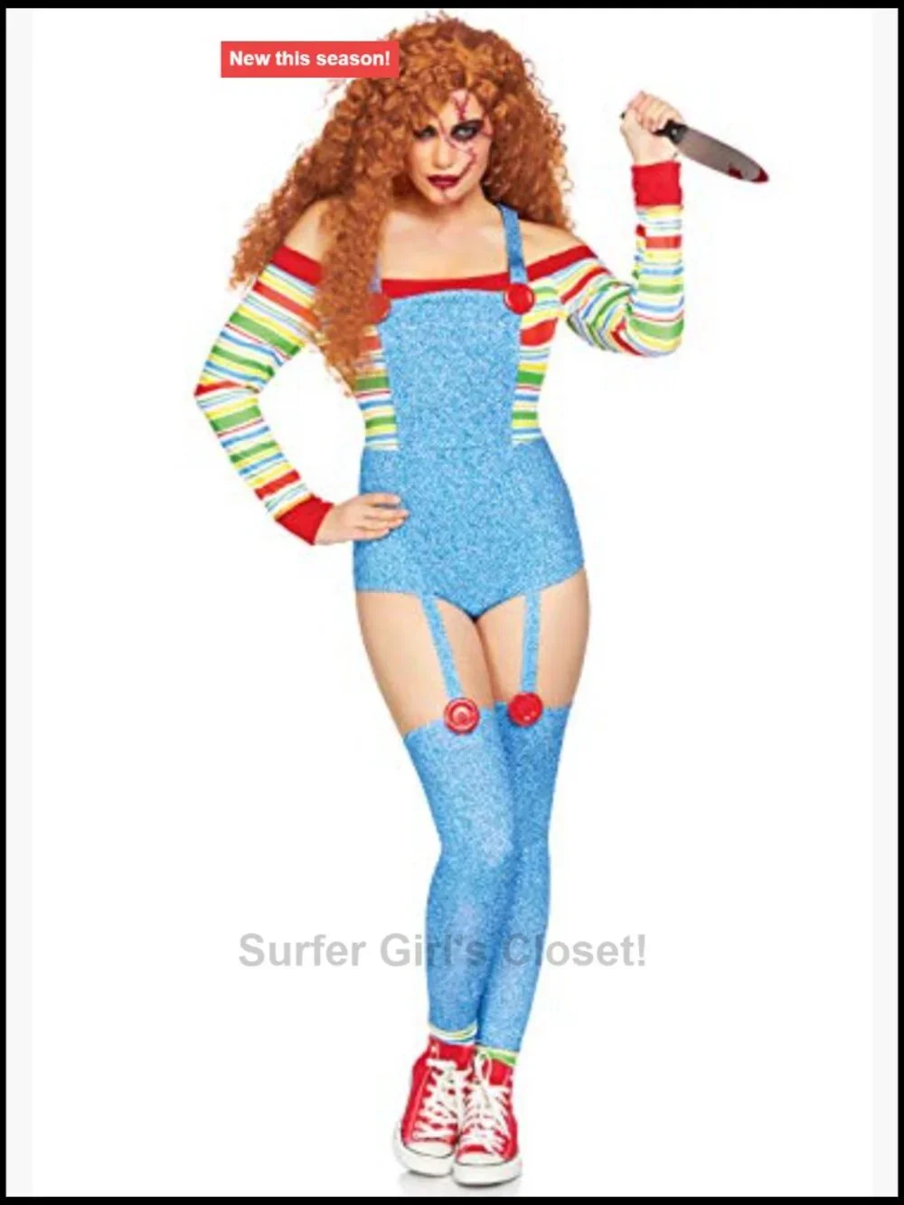 Killer Doll Costume Set Striped Long Sleeve Bodysuit Garter Leggings Halloween